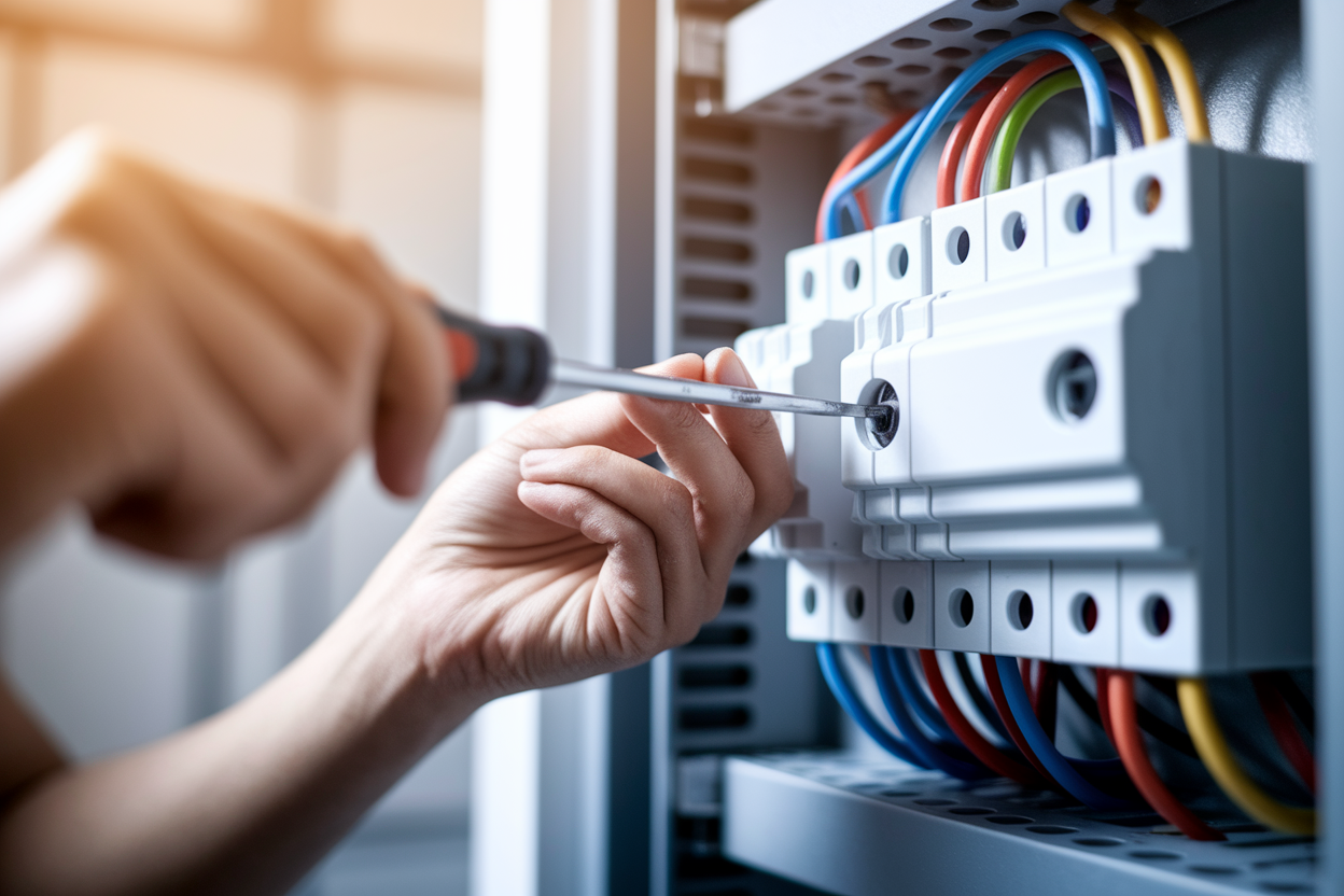 gros-plan-mains-tournevis-cables-tableau-electrique