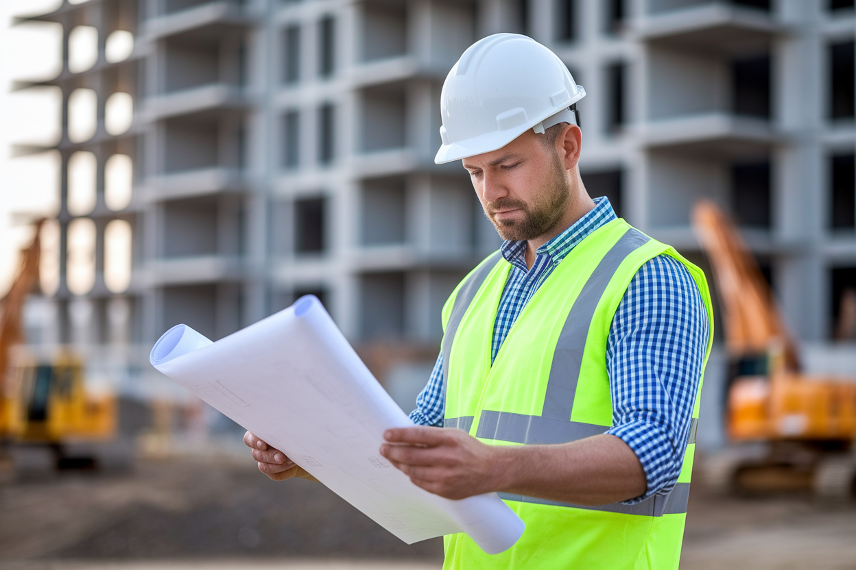 ouvrier-casque-gilet-plans-chantier