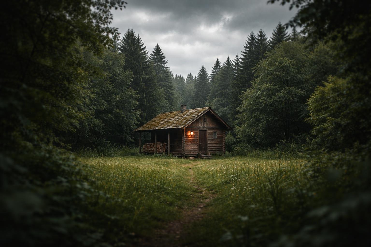 cabanon-bois-clairiere-ciel-nuageux
