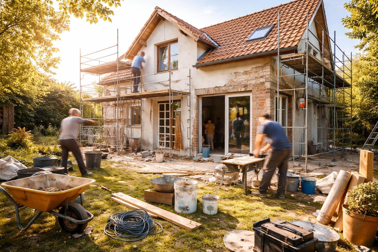 maison-renovation-echafaudages-outils-personnes