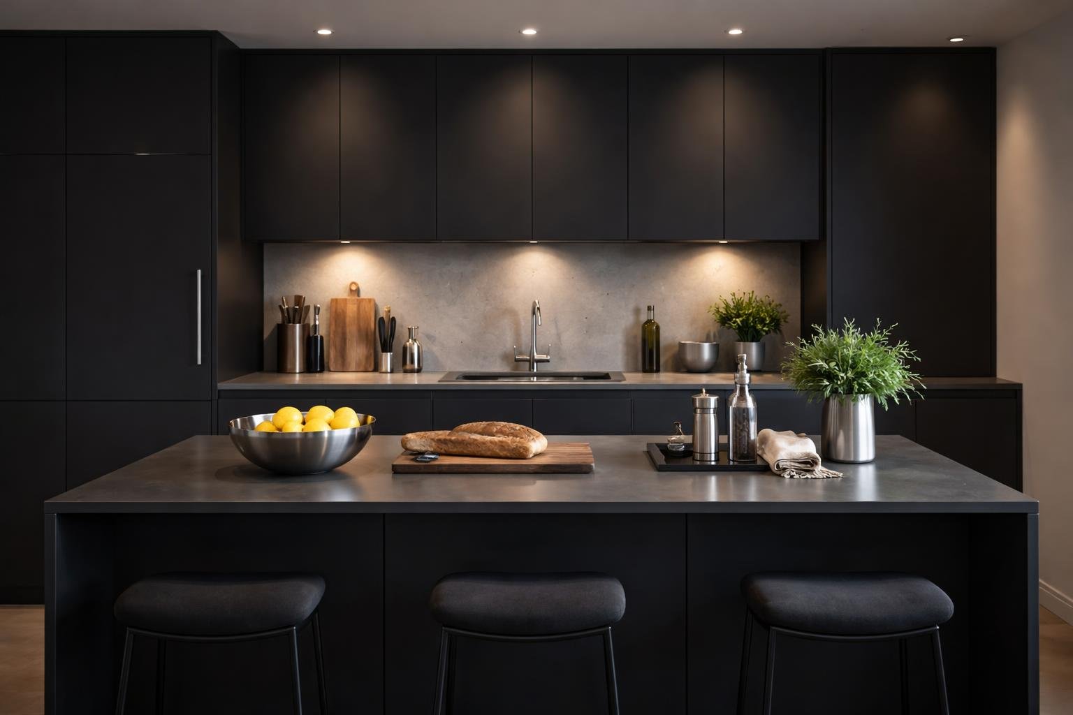 cuisine-moderne-armoires-noires-ilot