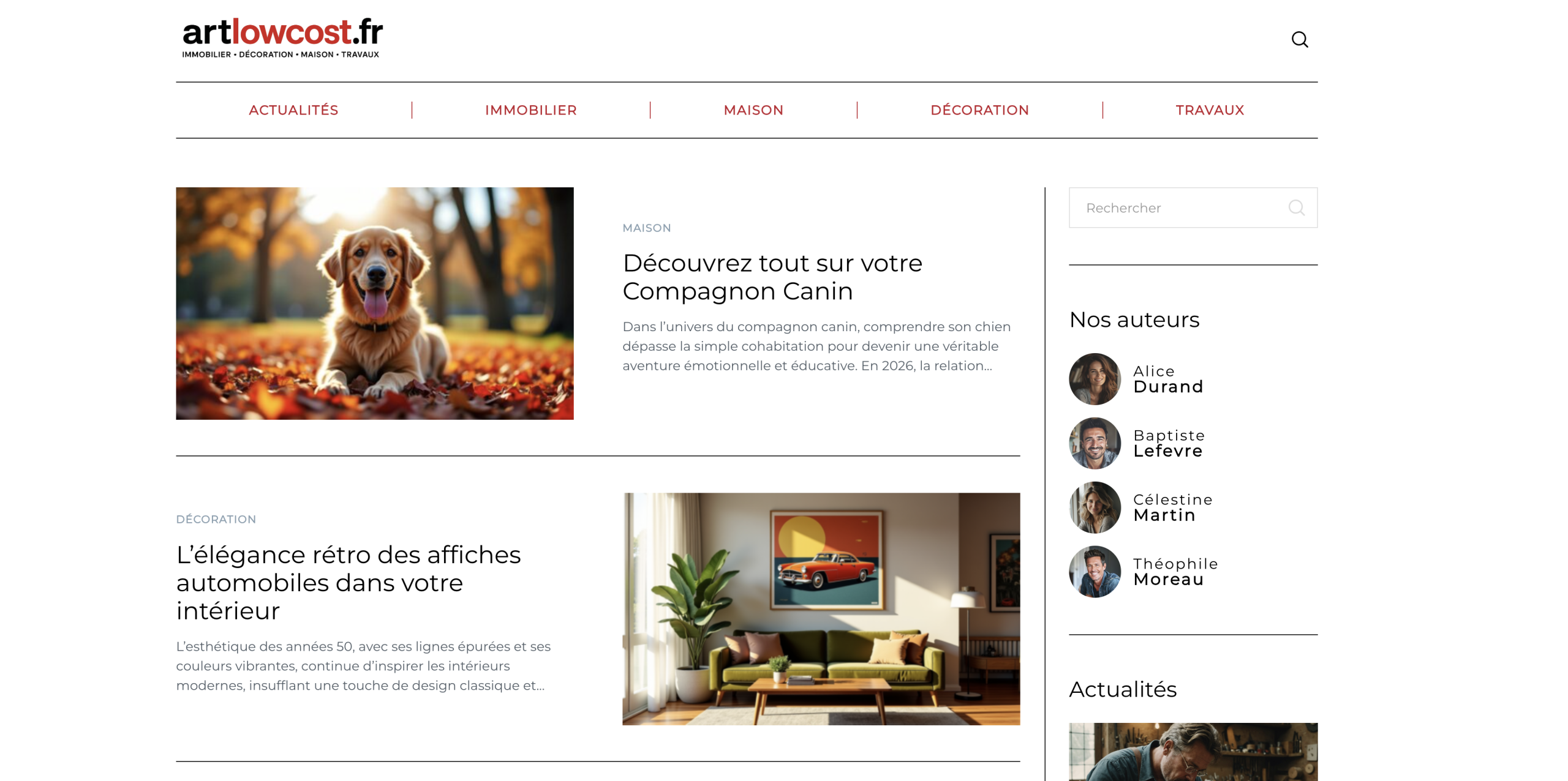 Capture d'écran de la page d'accueil artlowcost.fr avec les offres déco