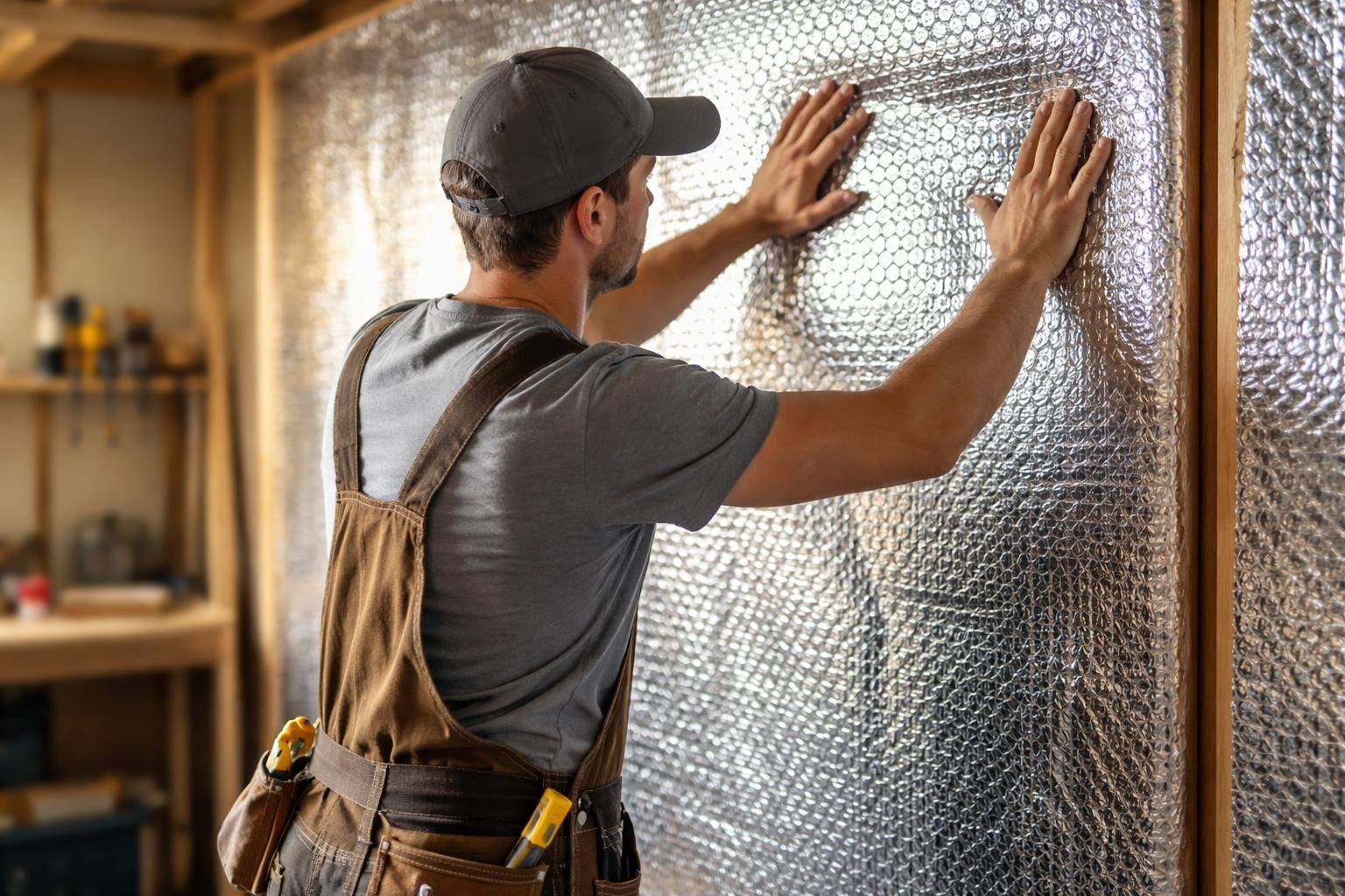 bricoleur-installant-isolant-metallise-mur