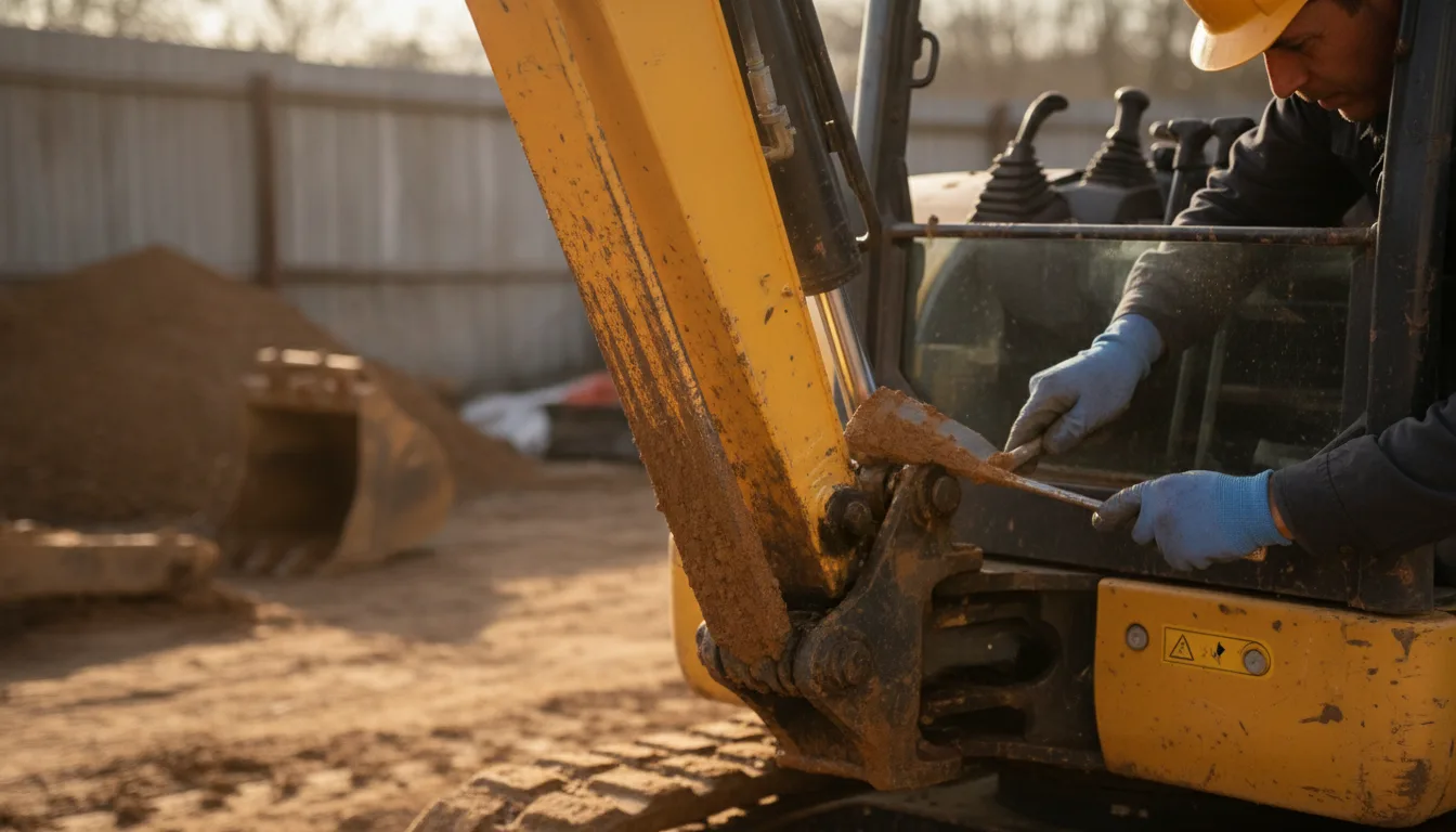 Comment nettoyer un godet de mini pelle après des travaux en terrain argileux collant ?